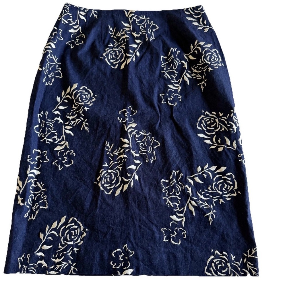 David N Skirt Womens 6 Blue Floral Linen Blend Knee Length Cottagecore Office